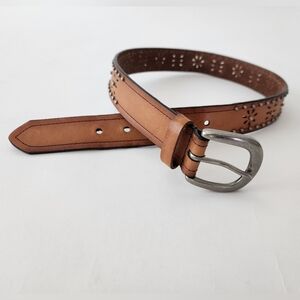 Women's Small/Medium Genuine Leather Belt with Floral Detail and Metal Studds